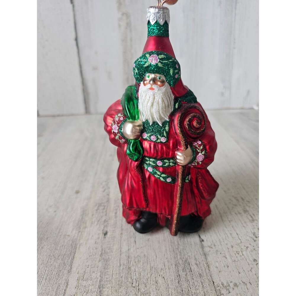 Patricia Breen van mourick red Santa staff ornament glass red green sparkle glit
